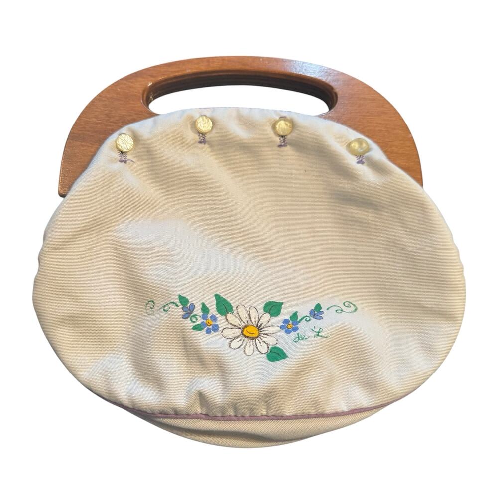 Banner House Bermuda Bag Wooden Handles Purse Daisy Flower Print Vintage